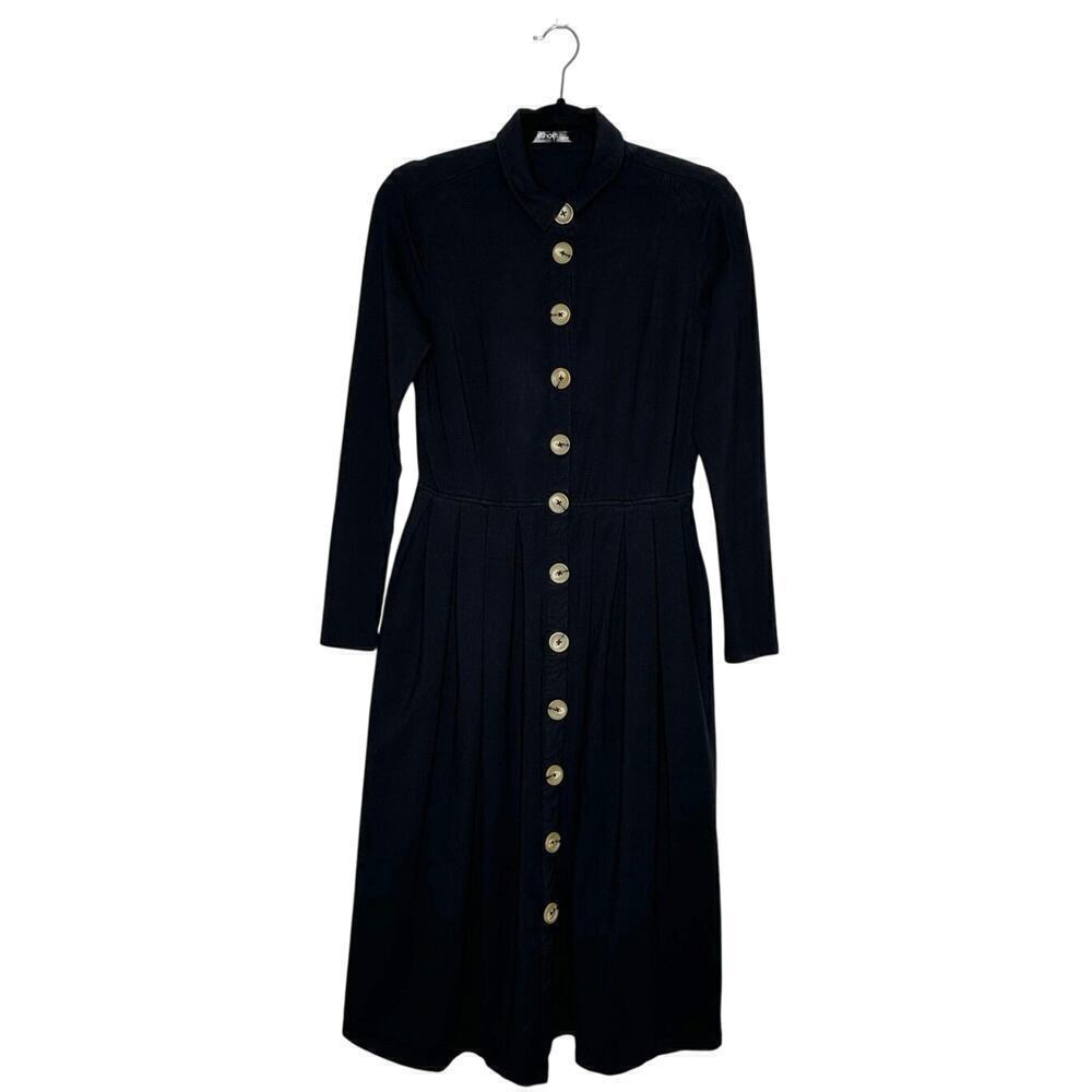 Eshakti Button Down Long Sleeve Midi Dress Women's Black Medium?